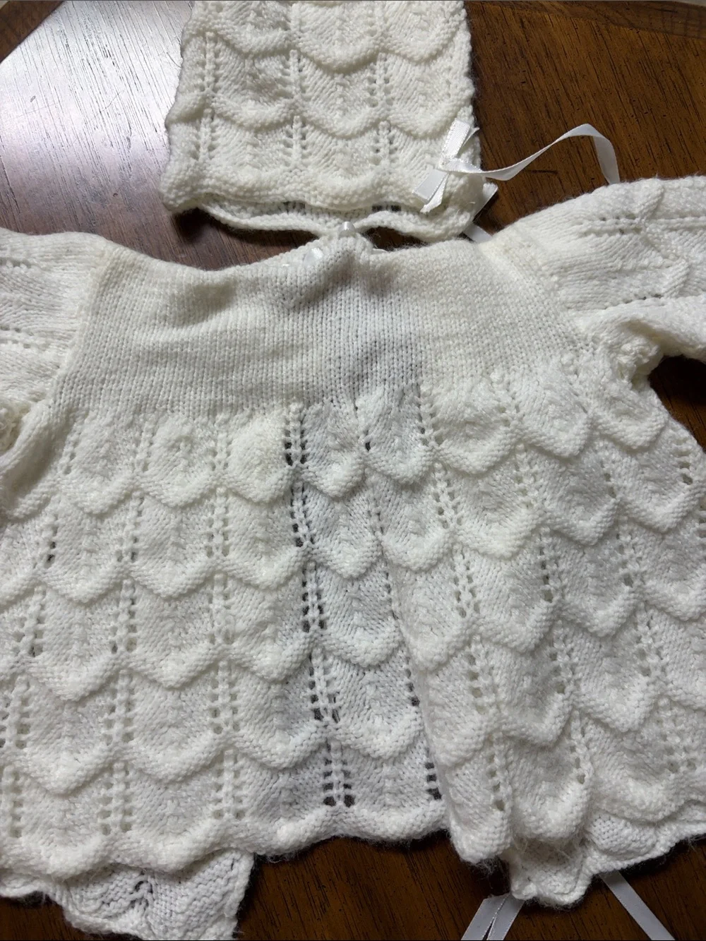 Vintage Handknit Ivory Baby Cardigan, Bonnet & Booties Set